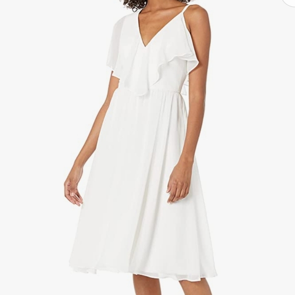 Dress the Population Claudia Ruffle Lace Chiffon One Shoulder Midi V Neckline - Picture 8 of 9